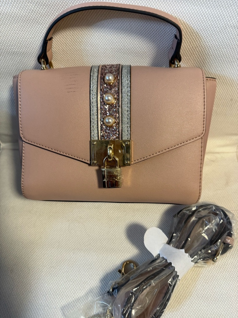 Aldo Blush Pink Top-Handle Satchel with Pearl & Glitter Accent